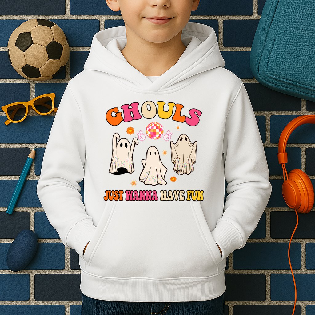 Ghouls Just Wanna Have Fun Halloween Groovy Ghost Kids Hoodie