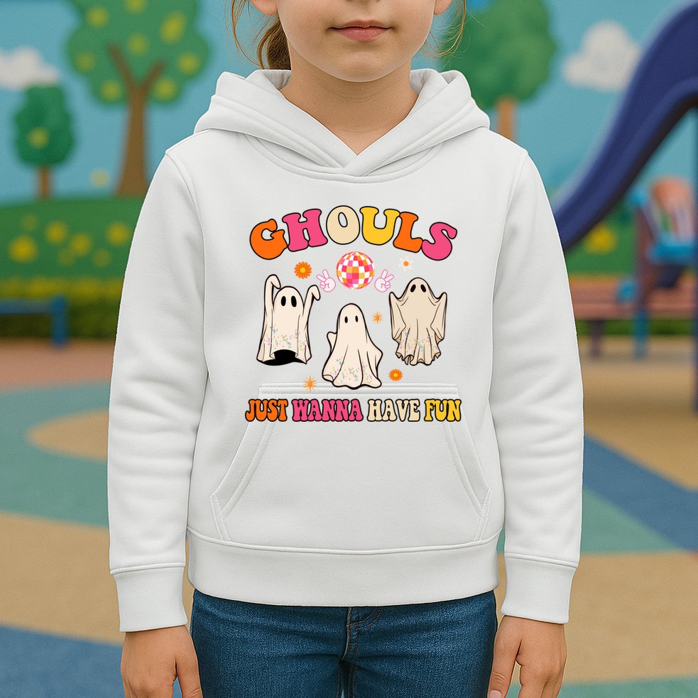 Ghouls Just Wanna Have Fun Halloween Groovy Ghost Kids Hoodie