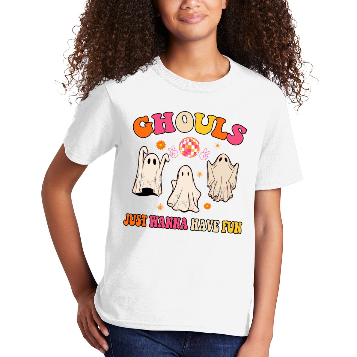 Ghouls Just Wanna Have Fun Halloween Groovy Ghost Kids T-Shirt