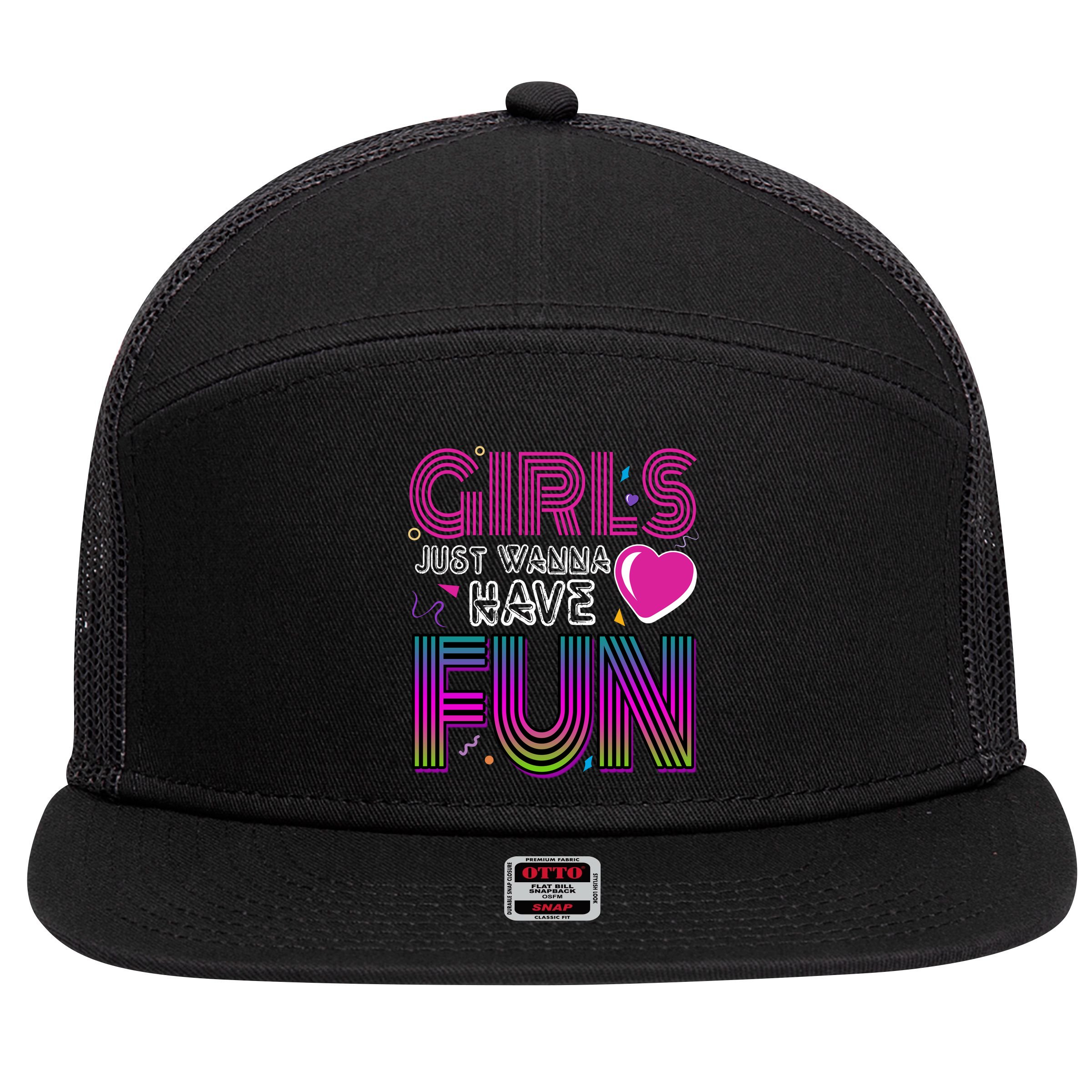 Girls Just Wanna Have Fun 80s Retro Party 7 Panel Mesh Trucker Snapback Hat
