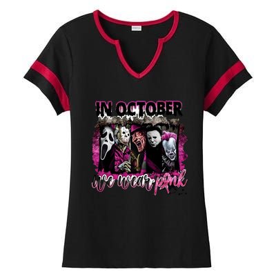 Ghostface Jason We Wear Pink In October Halloween Ladies Halftime Notch Neck Tee