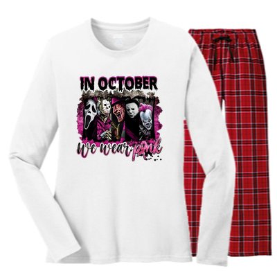 Ghostface Jason We Wear Pink In October Halloween Women's Long Sleeve Flannel Pajama Set 