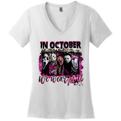 Ghostface Jason We Wear Pink In October Halloween Women's V-Neck T-Shirt