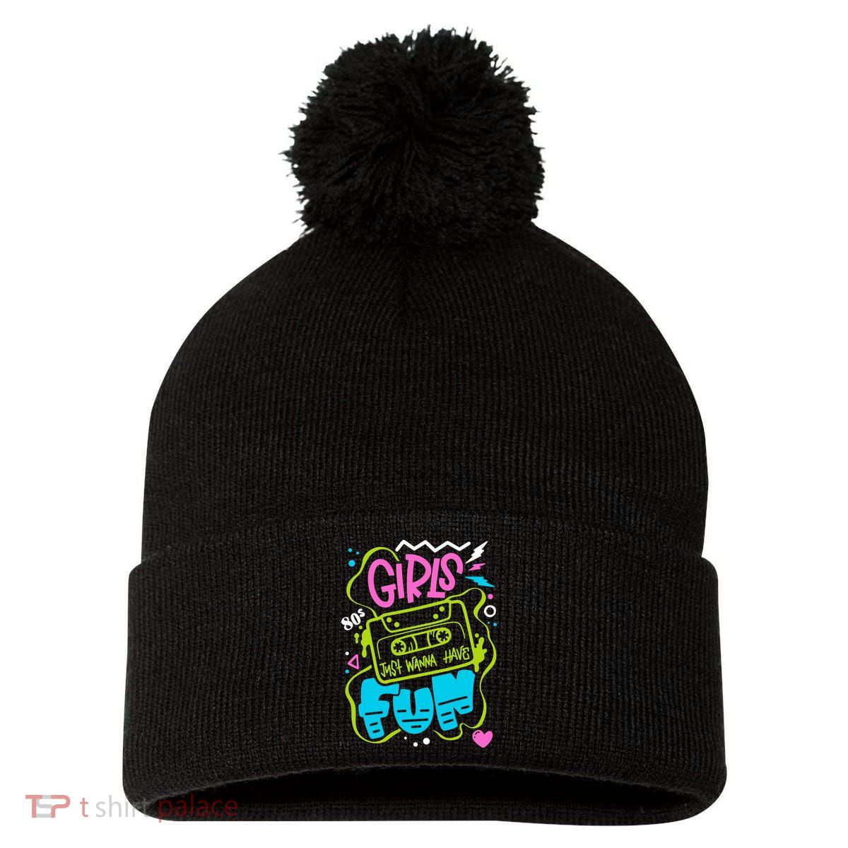 Girls Just Wanna Have Fun Nostalgia 1980s Pom Pom 12in Knit Beanie