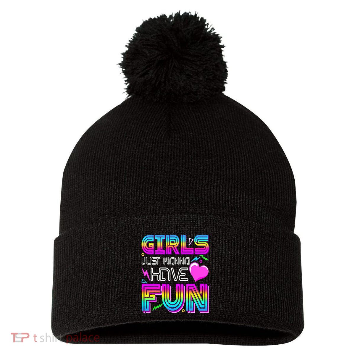 Girl Just Wanna Have Fun Awesome 70_s 80_s 90_s 1980s Pom Pom 12in Knit Beanie