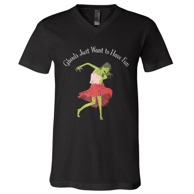 Ghouls Just Want to Have Fun 80's zombie dancing V-Neck T-Shirt