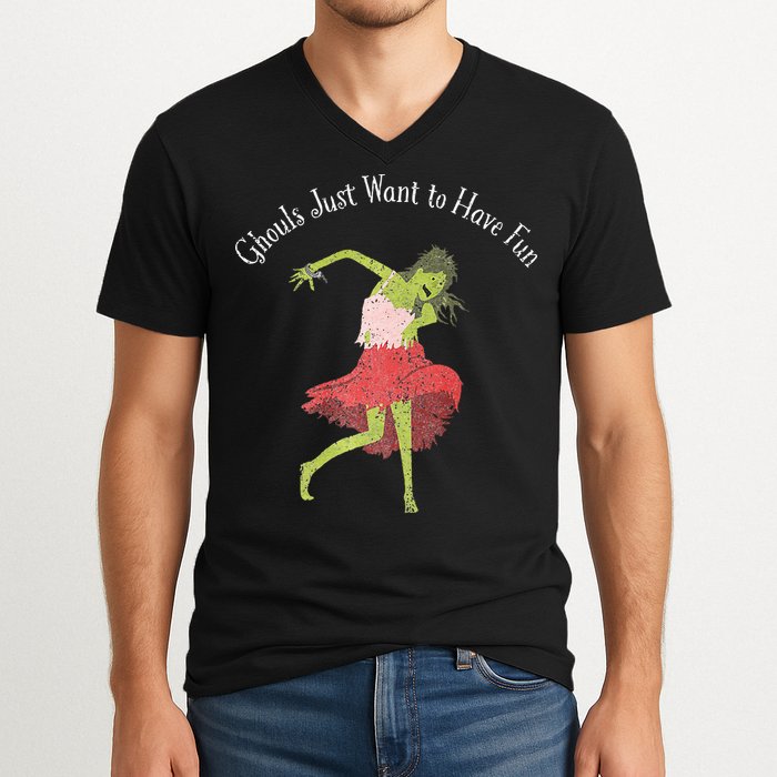Ghouls Just Want to Have Fun 80's zombie dancing V-Neck T-Shirt
