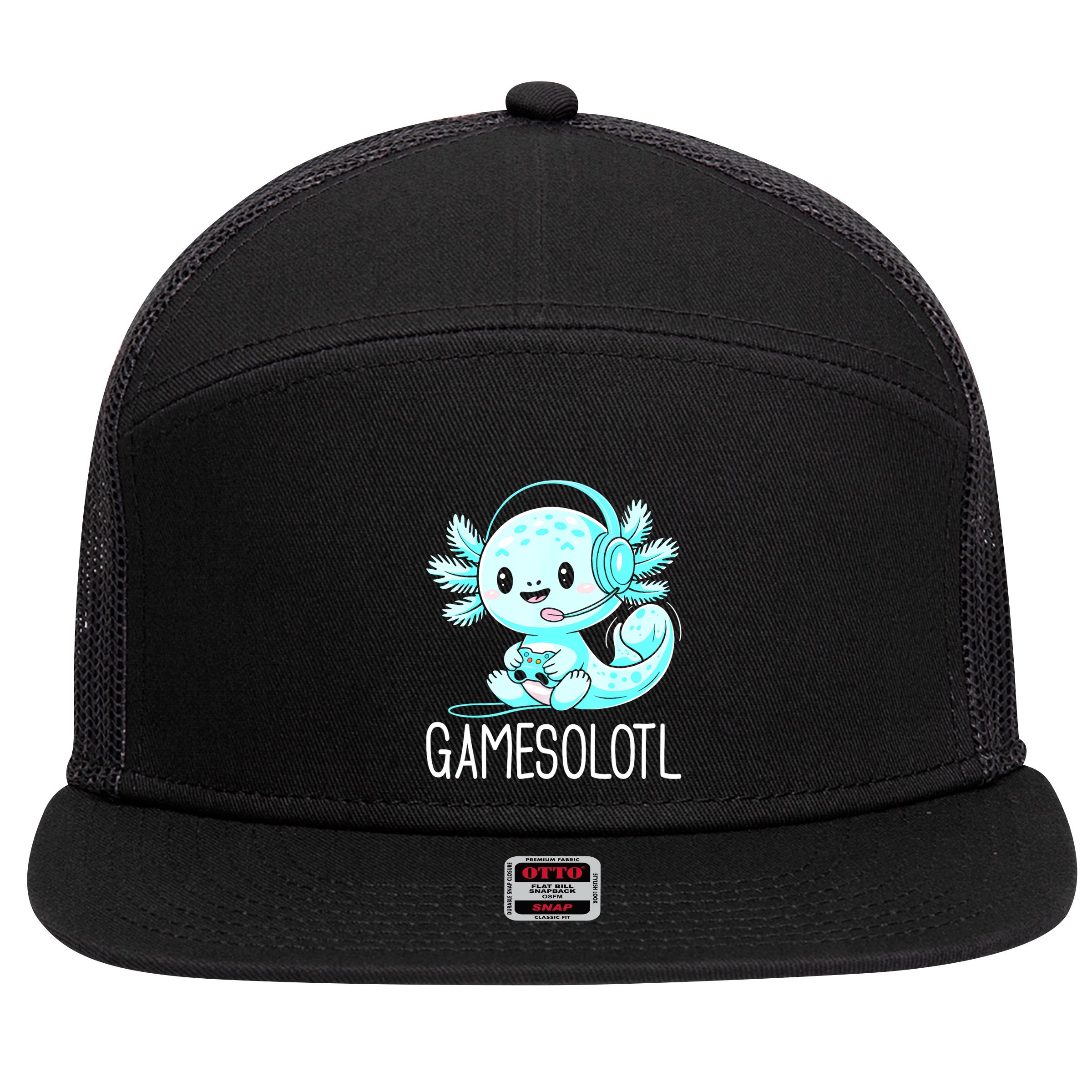 Gamesolotl Kawaii Axolotl Gamer Anime Design 7 Panel Mesh Trucker Snapback Hat