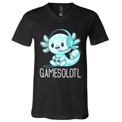 Gamesolotl Kawaii Axolotl Gamer Anime Design V-Neck T-Shirt