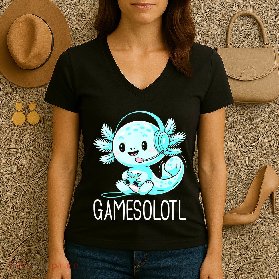 Gamesolotl Kawaii Axolotl Gamer Anime Design Women's V-Neck T-Shirt
