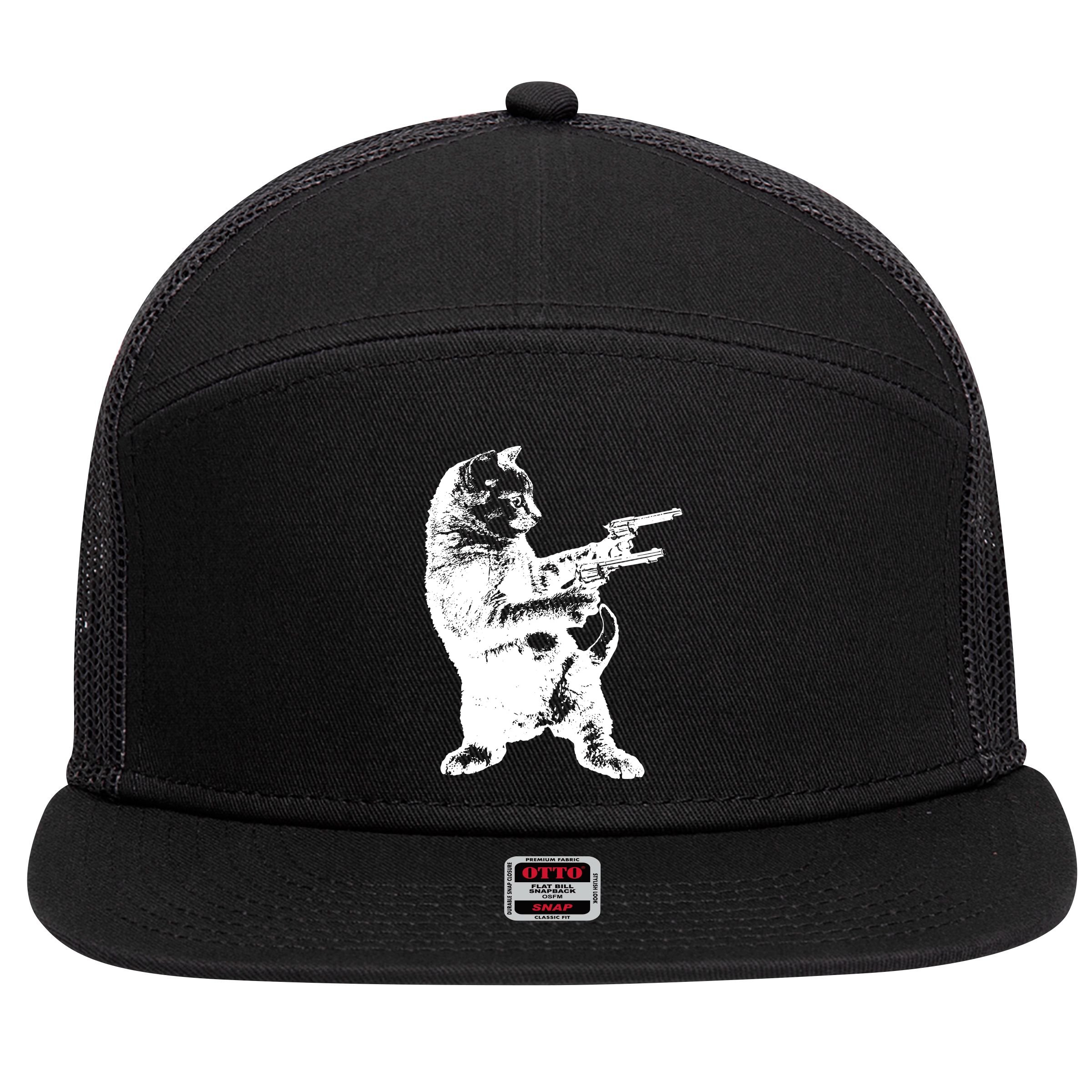 Gunslinger Kitty Cat Gun Cat 7 Panel Mesh Trucker Snapback Hat