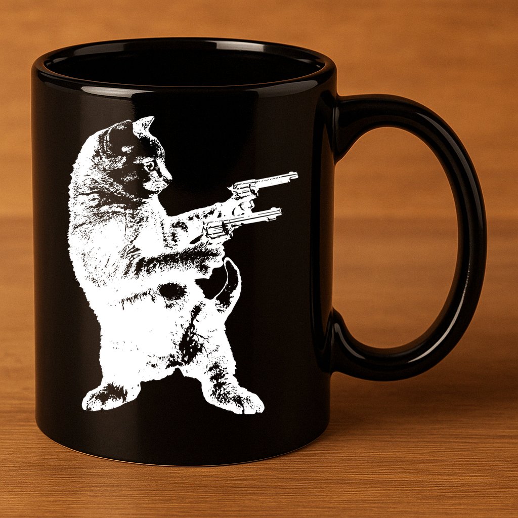 Gunslinger Kitty Cat Gun Cat 11oz C Handle Ceramic Mug