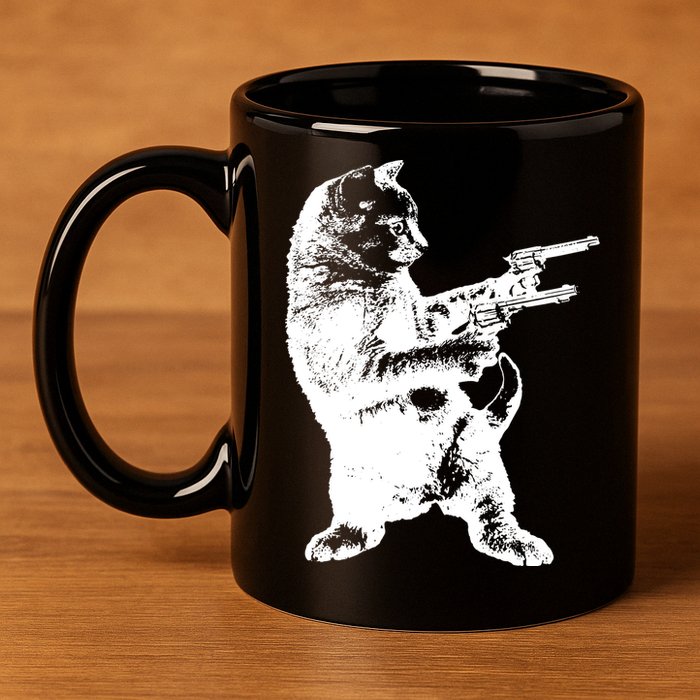 Gunslinger Kitty Cat Gun Cat 11oz C Handle Ceramic Mug