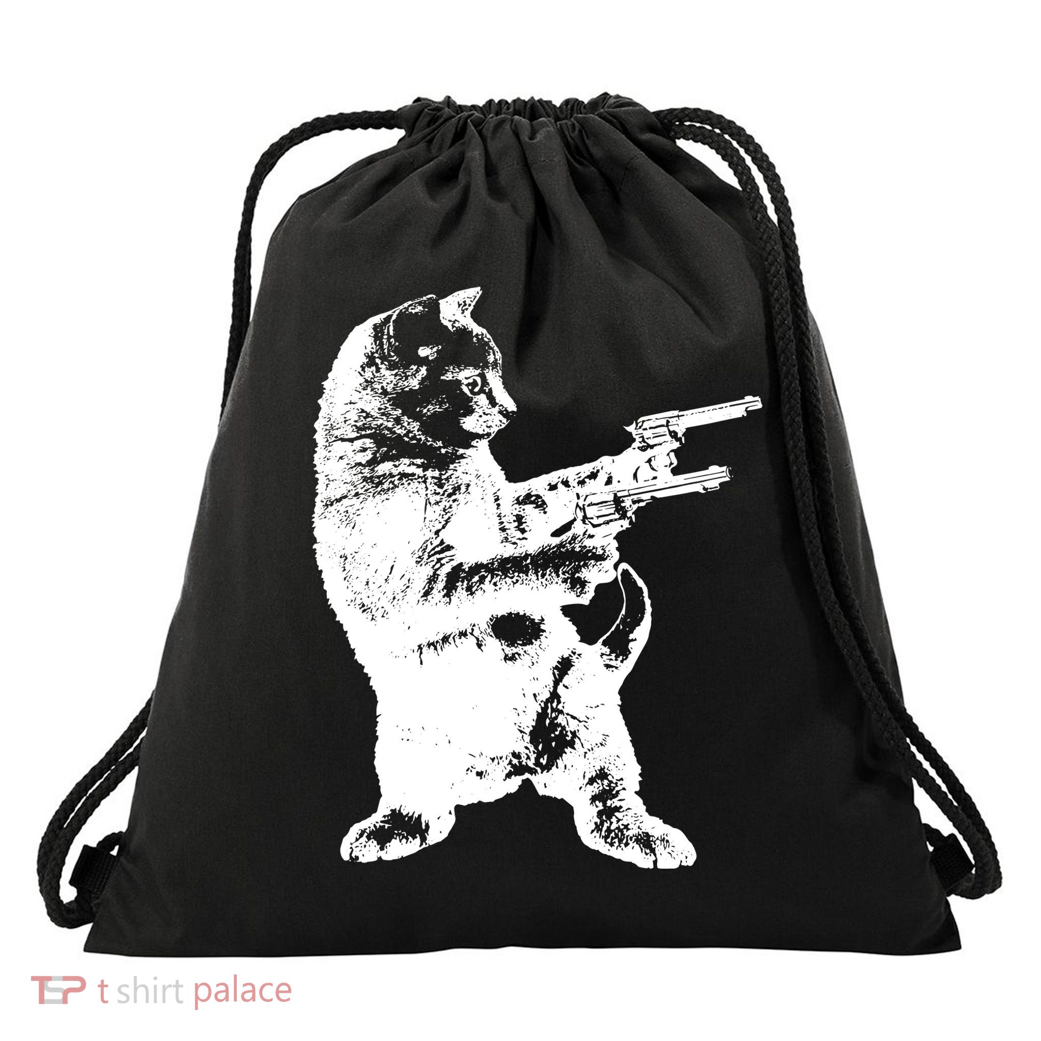 Gunslinger Kitty Cat Gun Cat Drawstring Bag
