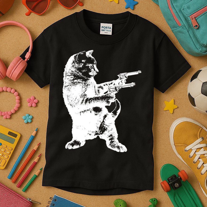 Gunslinger Kitty Cat Gun Cat Kids T-Shirt