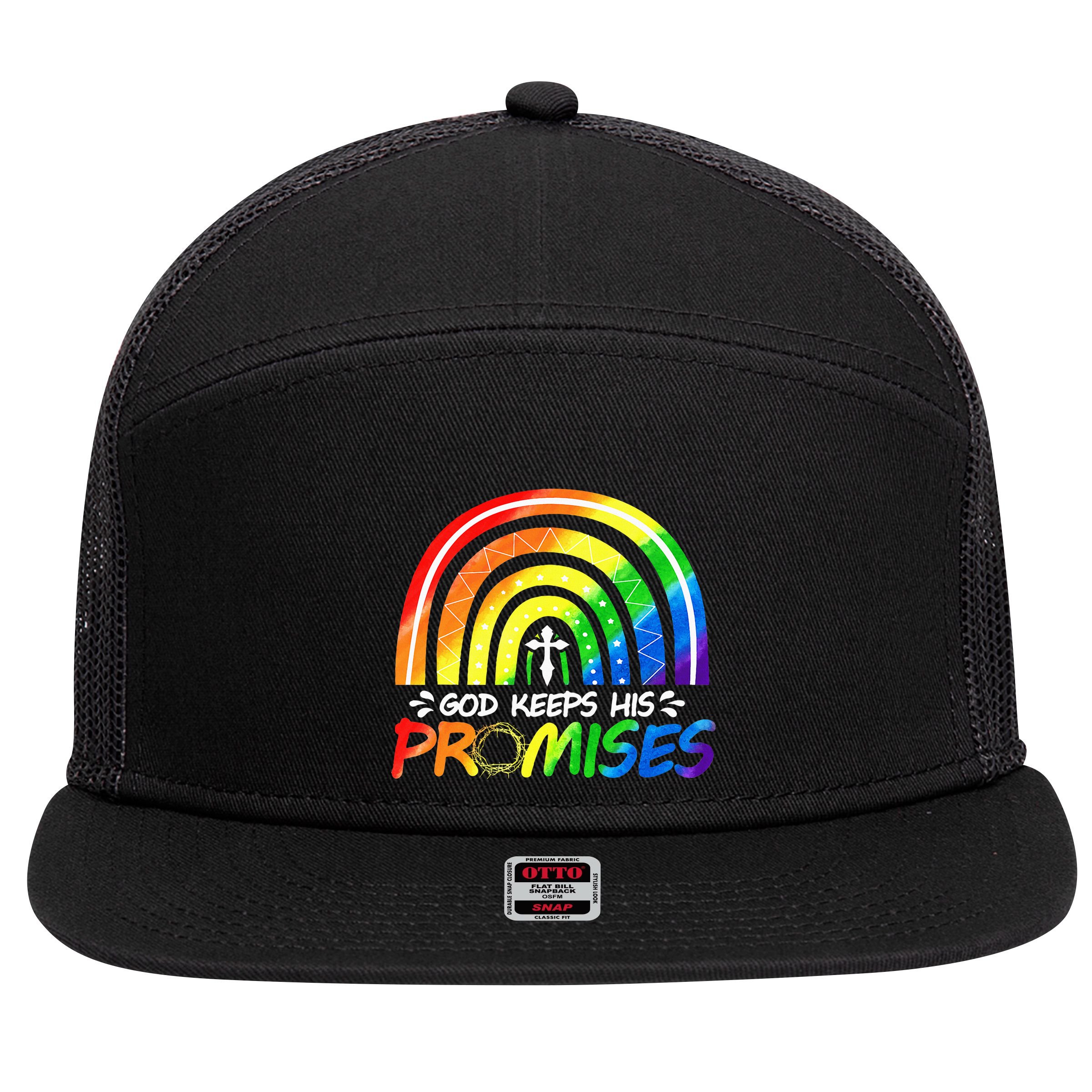 God Keeps His Promise Rainbow Christian Bible Noah 7 Panel Mesh Trucker Snapback Hat