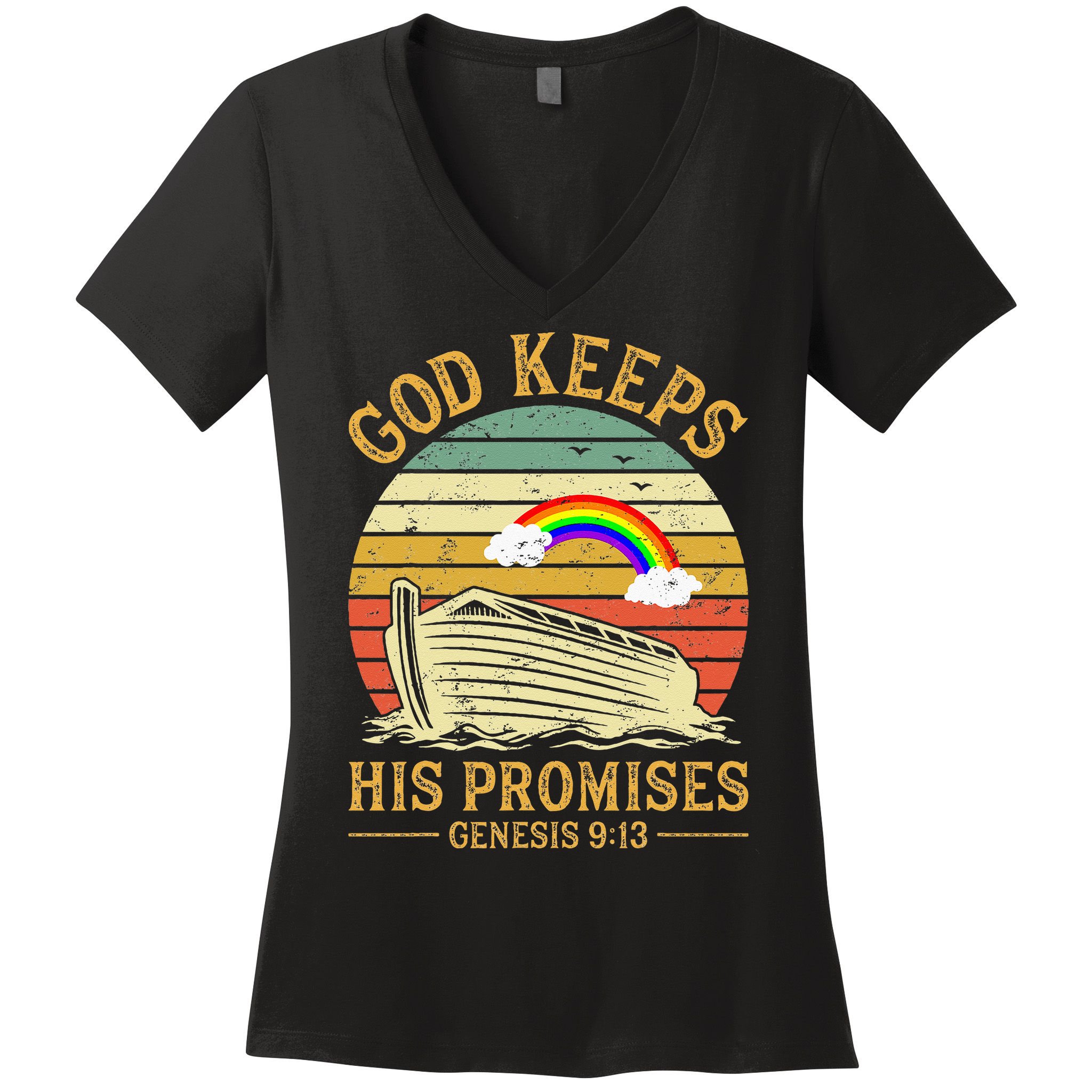 God Keeps His Promises Rainbow Noah Ark Jesus Christian Women's V-Neck T-Shirt