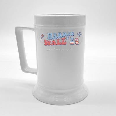 Groovy Kamala Harris Tim Walz Waltz Vote Blue Beer Stein