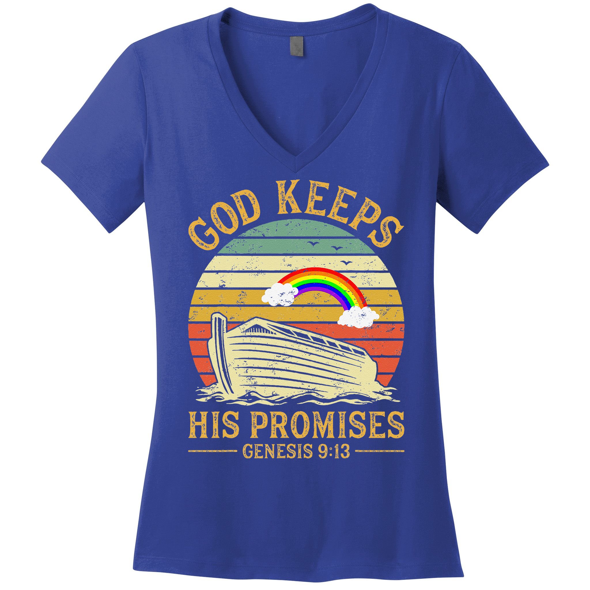 God Keeps His Promises Rainbow Noah Ark Jesus Christian Women's V-Neck T-Shirt