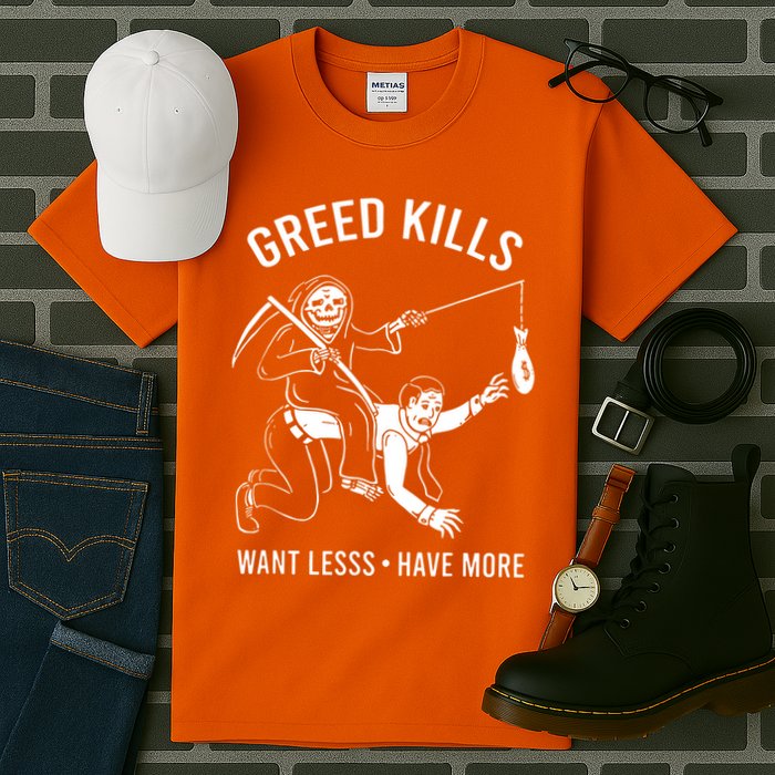 Greed Kills Want Less Have More Tall T-Shirt