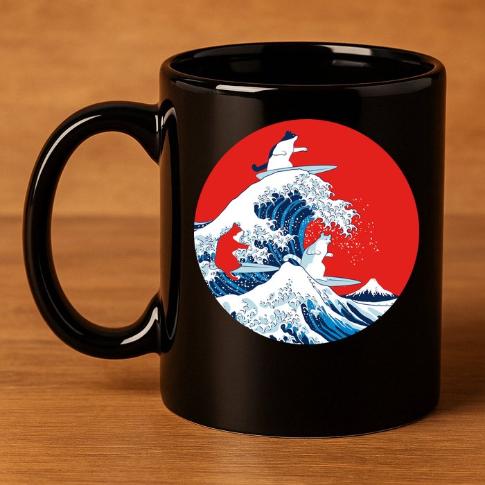 Great Kanagawa Wave Of Cats 11oz C Handle Ceramic Mug