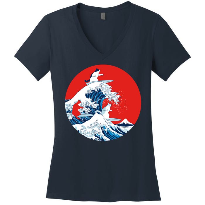 Great Kanagawa Wave Of Cats Women's V-Neck T-Shirt