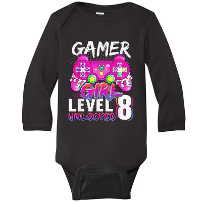 Gamer Level 8 Unlocked Video Game 8th Birthday Baby Long Sleeve Bodysuit