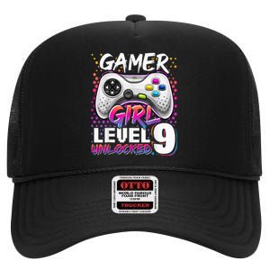 Gamer Level 9 Unlocked Video Game 9th Birthday Gift High Crown Mesh Back Trucker Hat