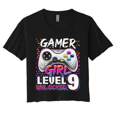 Gamer Level 9 Unlocked Video Game 9th Birthday Gift Women's Crop Top Tee