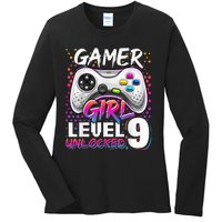 Gamer Level 9 Unlocked Video Game 9th Birthday Gift Ladies Long Sleeve Shirt