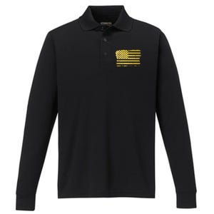 Gold Look American Flag Usa Performance Long Sleeve Polo