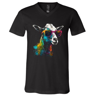 Goat Lover Artwork Sunglasses Colorful Animal Motif Goat V-Neck T-Shirt