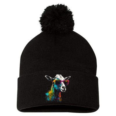 Goat Lover Artwork Sunglasses Colorful Animal Motif Goat Pom Pom 12in Knit Beanie