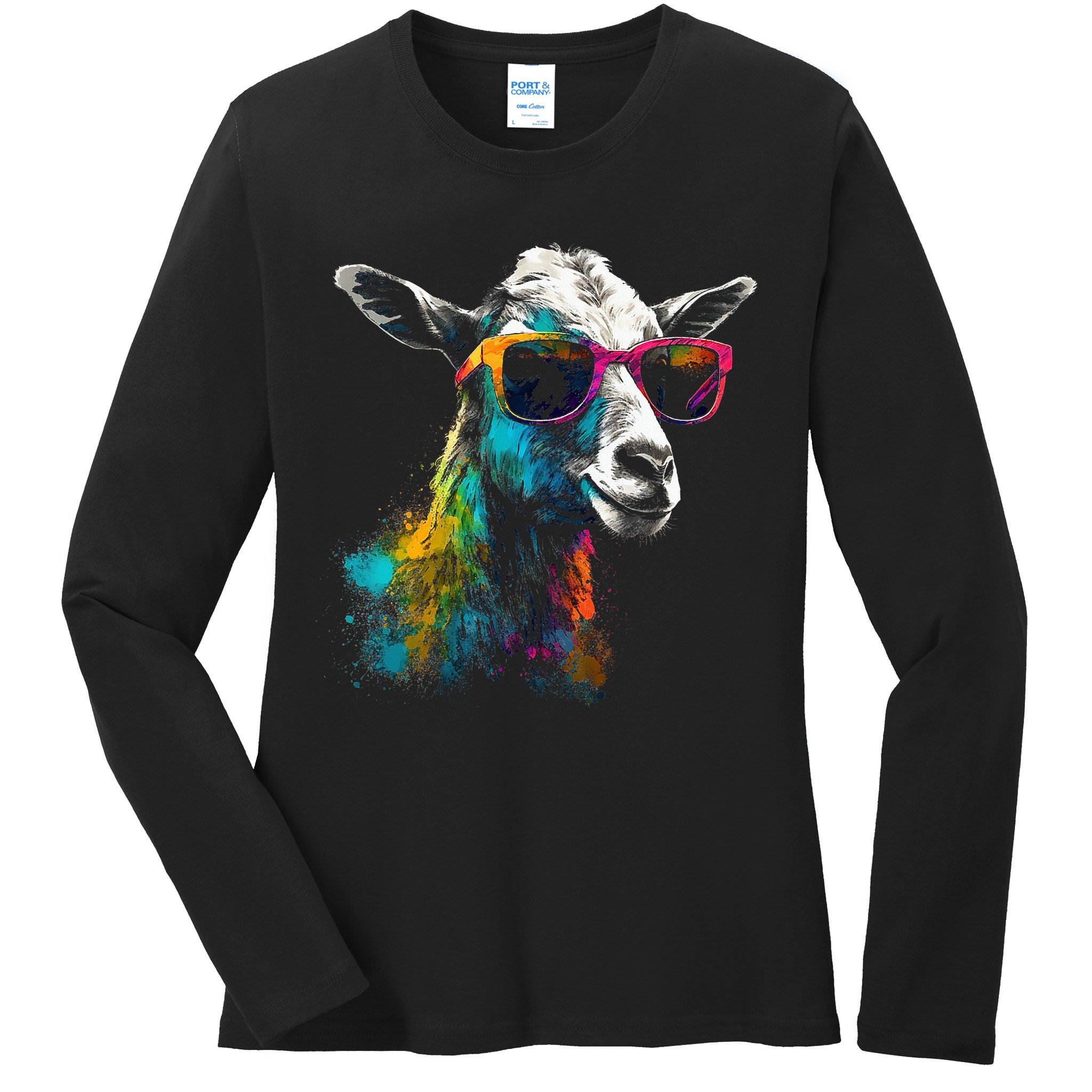 Goat Lover Artwork Sunglasses Colorful Animal Motif Goat Ladies Long Sleeve Shirt