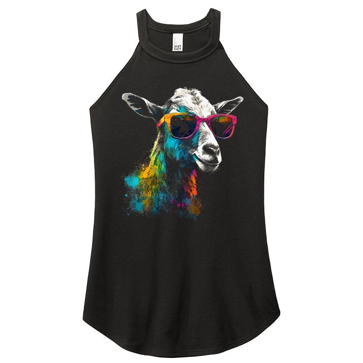 Goat Lover Artwork Sunglasses Colorful Animal Motif Goat Women's Perfect Tri Rocker Tank
