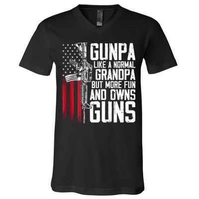 Gunpa Like A Normal Grandpa Fun And Owns Guns (On Back) V-Neck T-Shirt