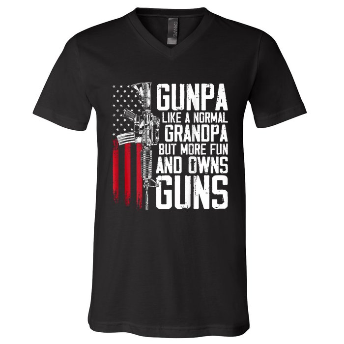 Gunpa Like A Normal Grandpa Fun And Owns Guns (On Back) V-Neck T-Shirt