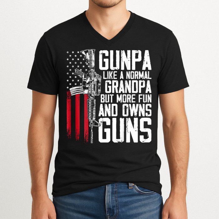 Gunpa Like A Normal Grandpa Fun And Owns Guns (On Back) V-Neck T-Shirt