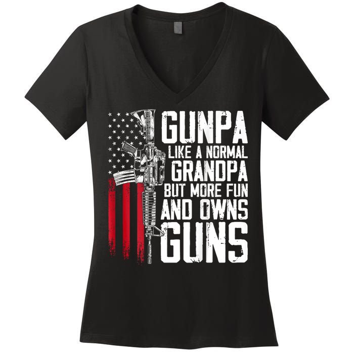 Gunpa Like A Normal Grandpa Fun And Owns Guns (On Back) Women's V-Neck T-Shirt