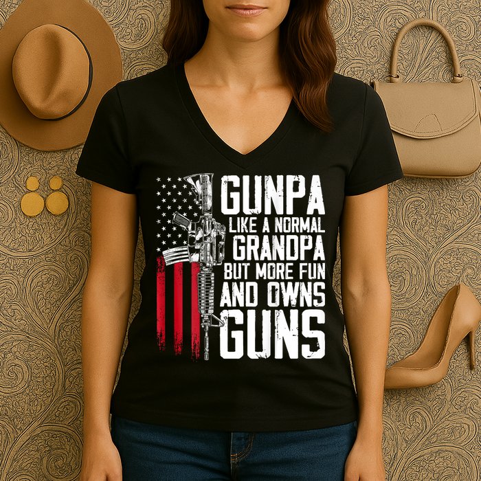 Gunpa Like A Normal Grandpa Fun And Owns Guns (On Back) Women's V-Neck T-Shirt