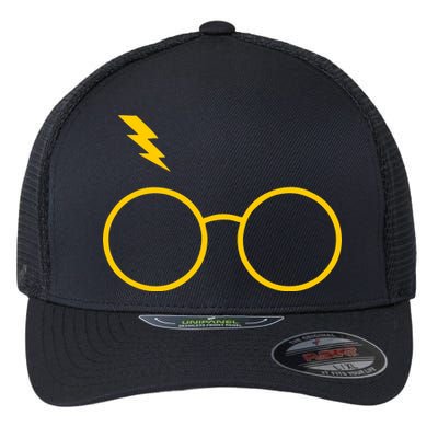 Glasses and Lightening Scar Wizard Logo Flexfit Unipanel Trucker Cap