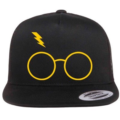 Glasses and Lightening Scar Wizard Logo Flat Bill Trucker Hat