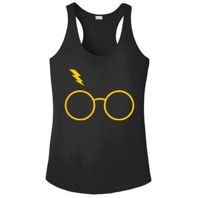 Glasses and Lightening Scar Wizard Logo Ladies PosiCharge Competitor Racerback Tank