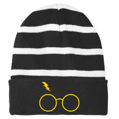 Glasses and Lightening Scar Wizard Logo Striped Beanie with Solid Band