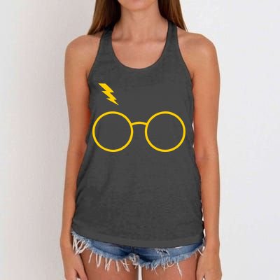 Glasses and Lightening Scar Wizard Logo Women's Knotted Racerback Tank