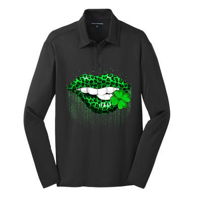 Green Lips Biting Leopard Irish Costume Happy St Patrick's Day Silk Touch Performance Long Sleeve Polo