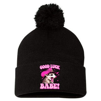 Good Luck Babe Pink Pony Club Cowgirls Western Opossum Pom Pom 12in Knit Beanie