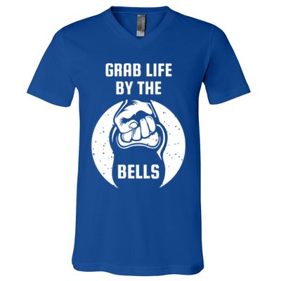 Grab Life By The Bell I Kettlebell Fitness Training Dumbbell Great Gift V-Neck T-Shirt