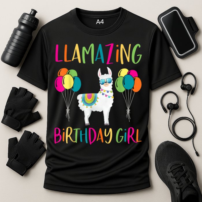Girl Llama Birthday LLamazing Party Alpaca Balloons Cooling Performance Crew T-Shirt