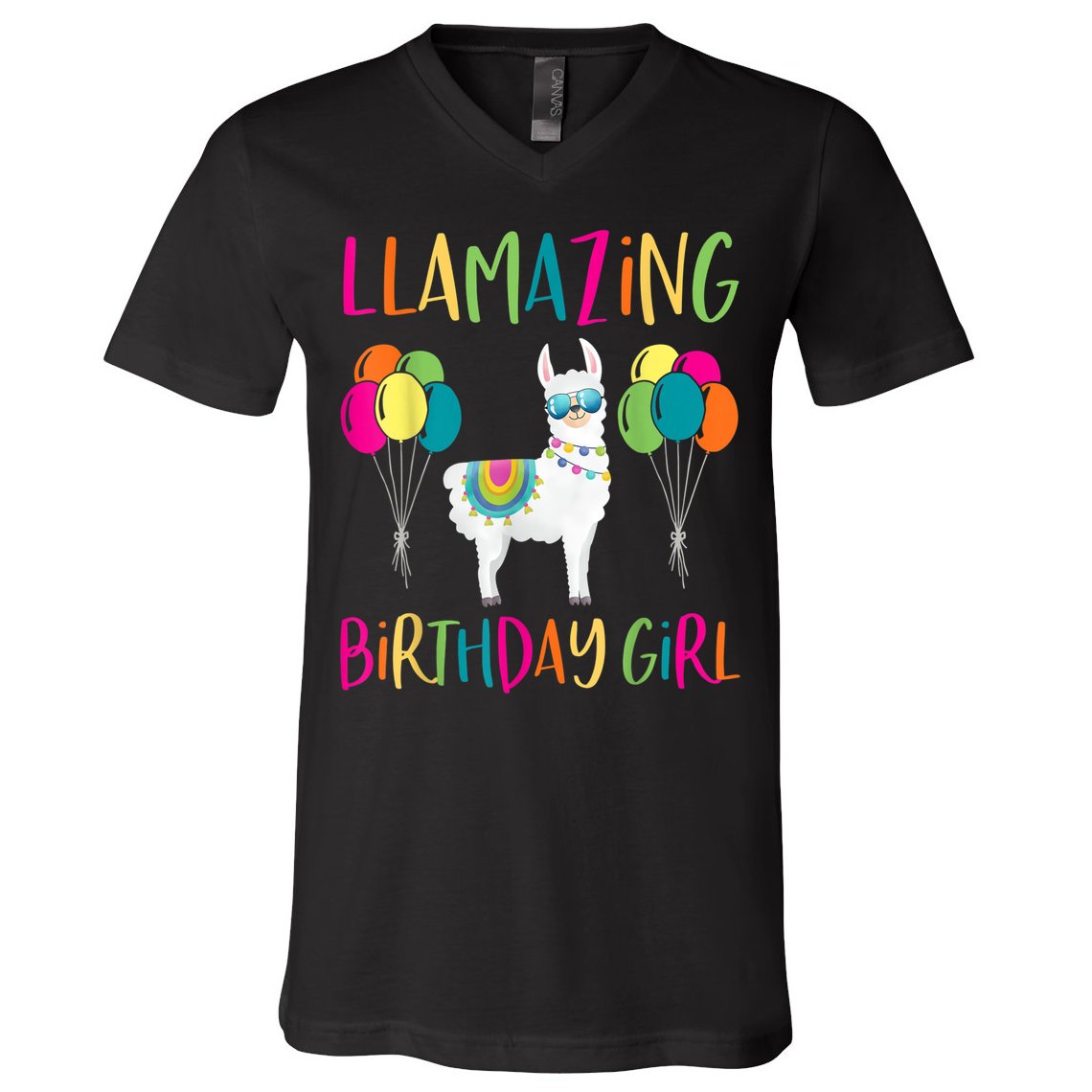 Girl Llama Birthday LLamazing Party Alpaca Balloons V-Neck T-Shirt
